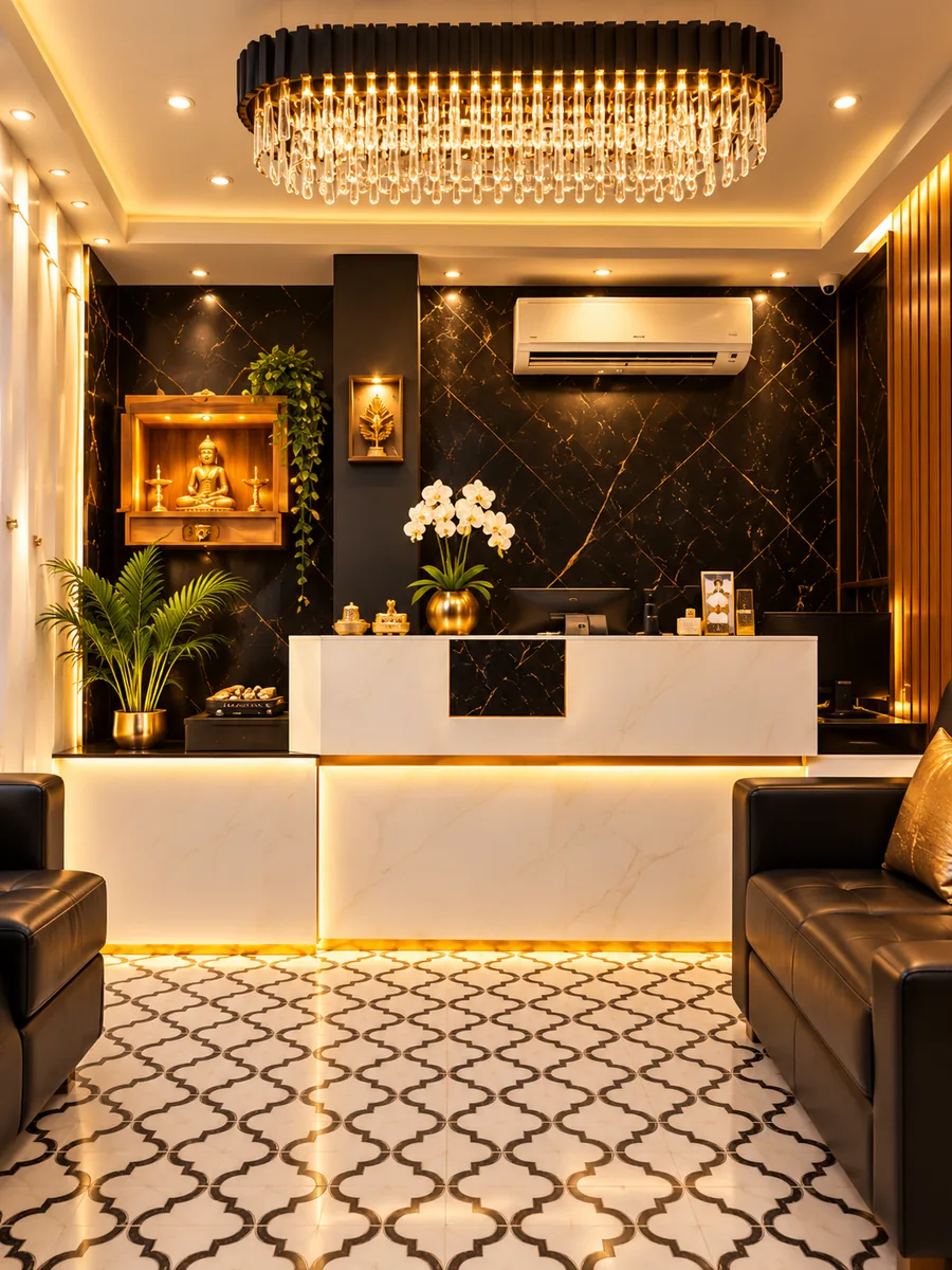 Reception lobby with gold chandelier at Dream Wellness Spa, Monda Market, Secunderabad